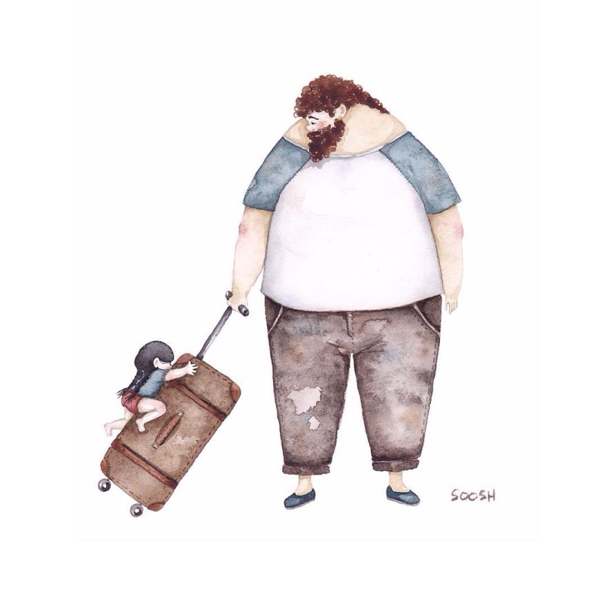 depart pour voyage valise papa et petite fille dessin soosh