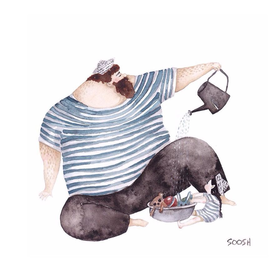 jouer entre pere et sa fille arrosoir dessin soosh